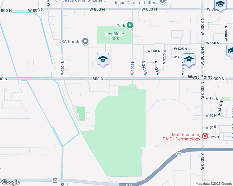 map of restaurants, bars, coffee shops, grocery stores, and more near 3669 West 300 North in West Point