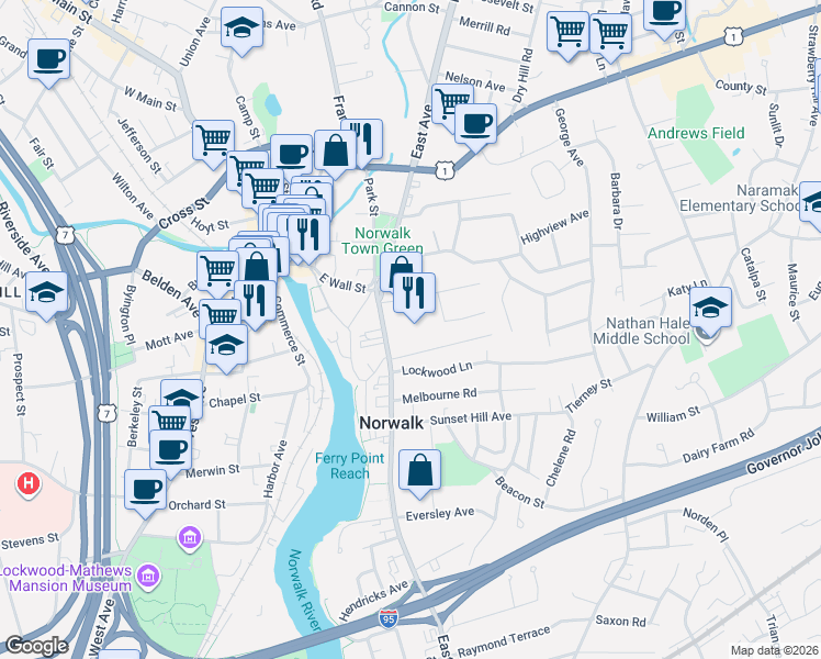 map of restaurants, bars, coffee shops, grocery stores, and more near 99 East Avenue in Norwalk