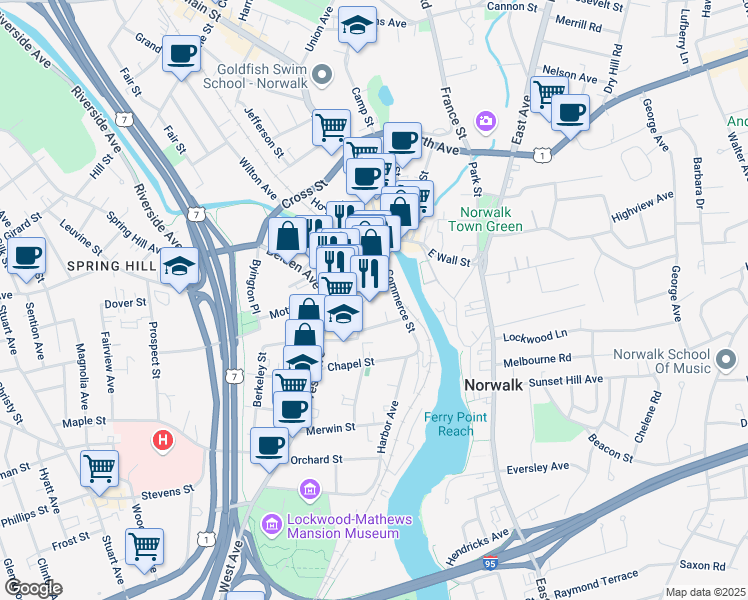 map of restaurants, bars, coffee shops, grocery stores, and more near 22 Isaacs Street in Norwalk