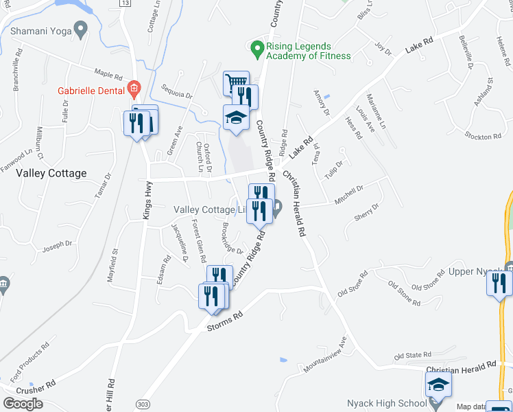 map of restaurants, bars, coffee shops, grocery stores, and more near 54 Brookside Avenue in Valley Cottage