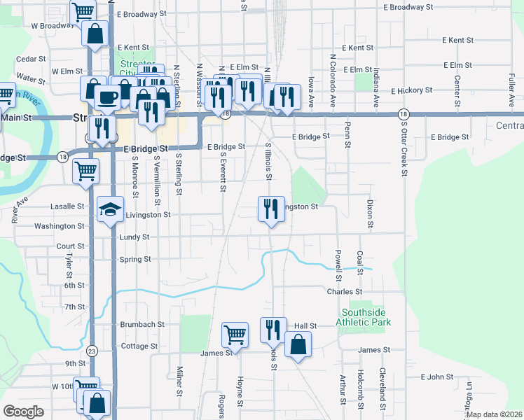map of restaurants, bars, coffee shops, grocery stores, and more near 717 Livingston Street in Streator