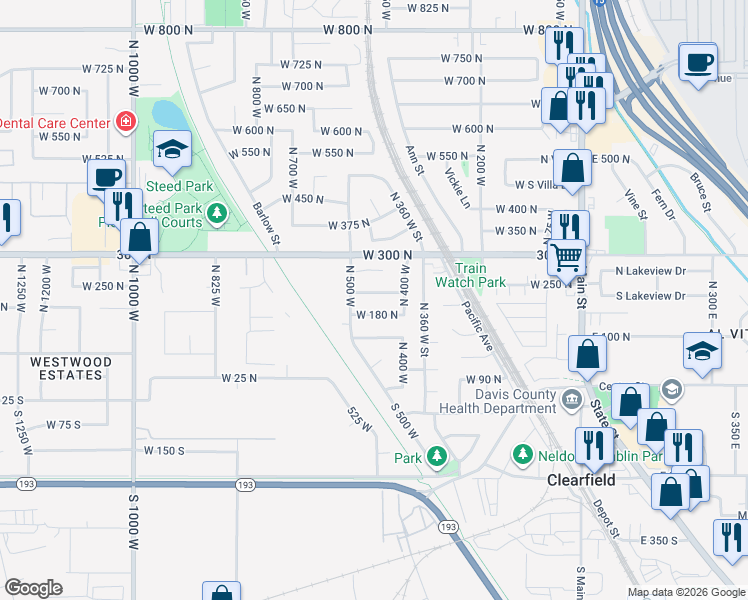 map of restaurants, bars, coffee shops, grocery stores, and more near 462 West 225 North in Clearfield