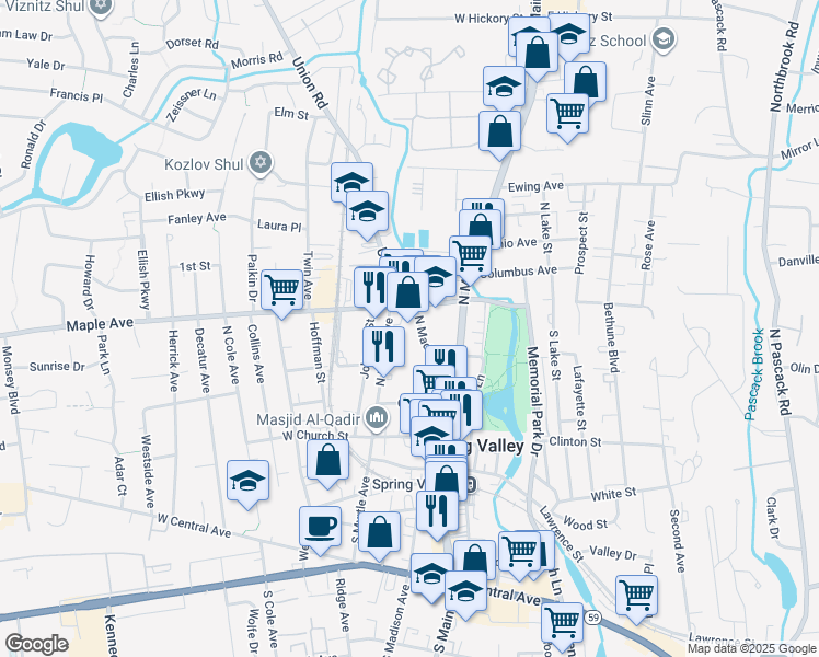 map of restaurants, bars, coffee shops, grocery stores, and more near 49 North Madison Avenue in Spring Valley