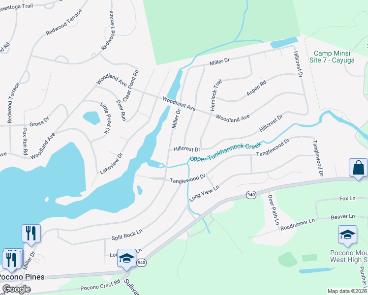map of restaurants, bars, coffee shops, grocery stores, and more near 26 Winding Hill Road in Pocono Pines