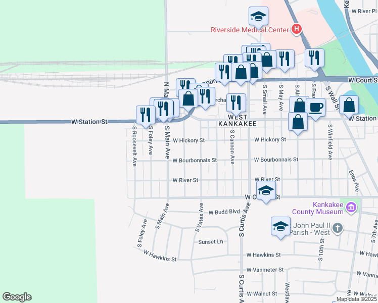 map of restaurants, bars, coffee shops, grocery stores, and more near 471 South McKinley Avenue in Kankakee