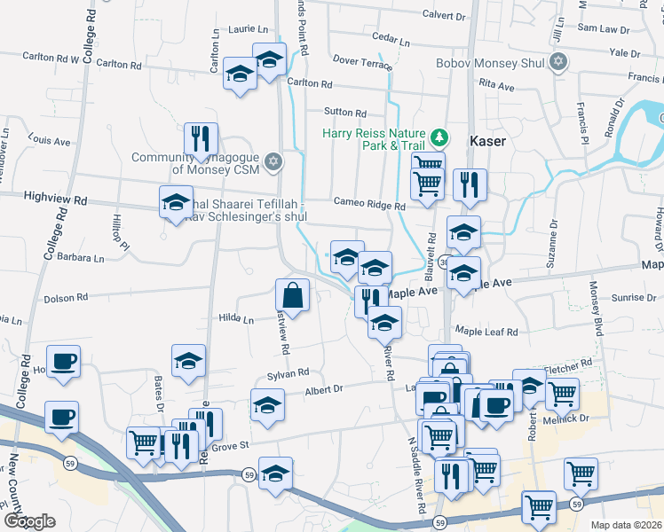 map of restaurants, bars, coffee shops, grocery stores, and more near 32 W Maple Ave in Monsey