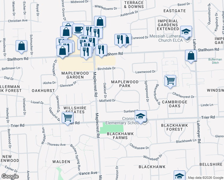 map of restaurants, bars, coffee shops, grocery stores, and more near 4118 Sandhurst Dr in Fort Wayne