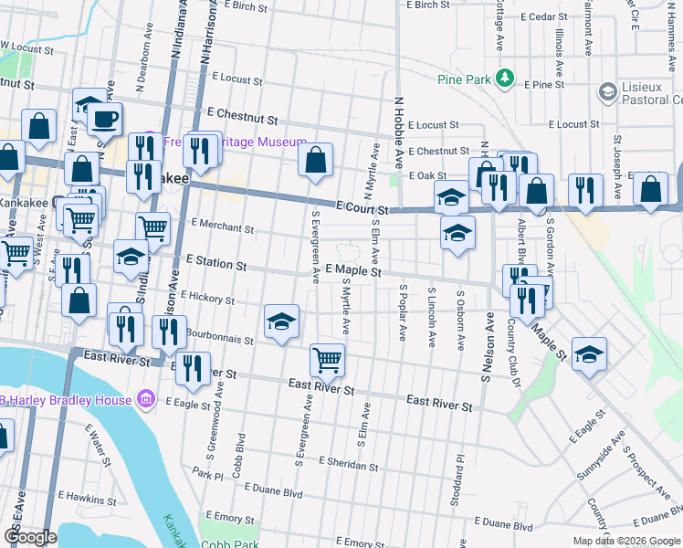 map of restaurants, bars, coffee shops, grocery stores, and more near 1076 East Maple Street in Kankakee