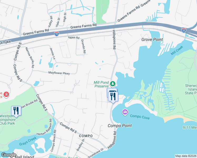 map of restaurants, bars, coffee shops, grocery stores, and more near 11 Pond Edge Road in Westport