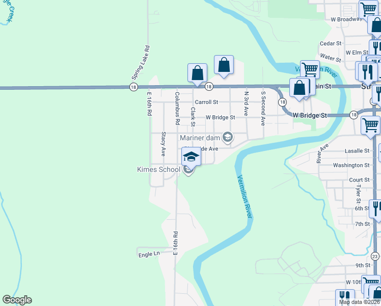 map of restaurants, bars, coffee shops, grocery stores, and more near 1201 Riverside Avenue in Streator