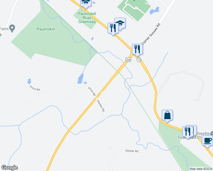 map of restaurants, bars, coffee shops, grocery stores, and more near 43 U.S. 206 in Frankford