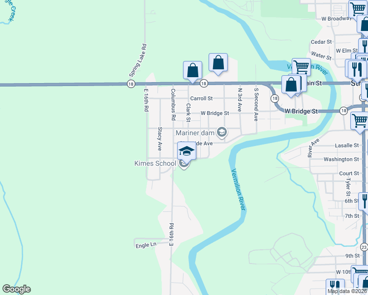 map of restaurants, bars, coffee shops, grocery stores, and more near 1201 Riverside Avenue in Streator