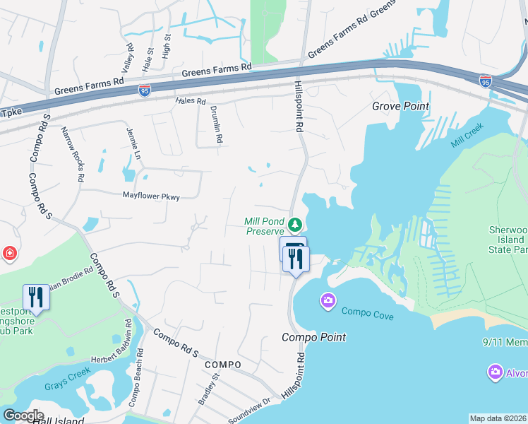 map of restaurants, bars, coffee shops, grocery stores, and more near 11 Pond Edge Road in Westport