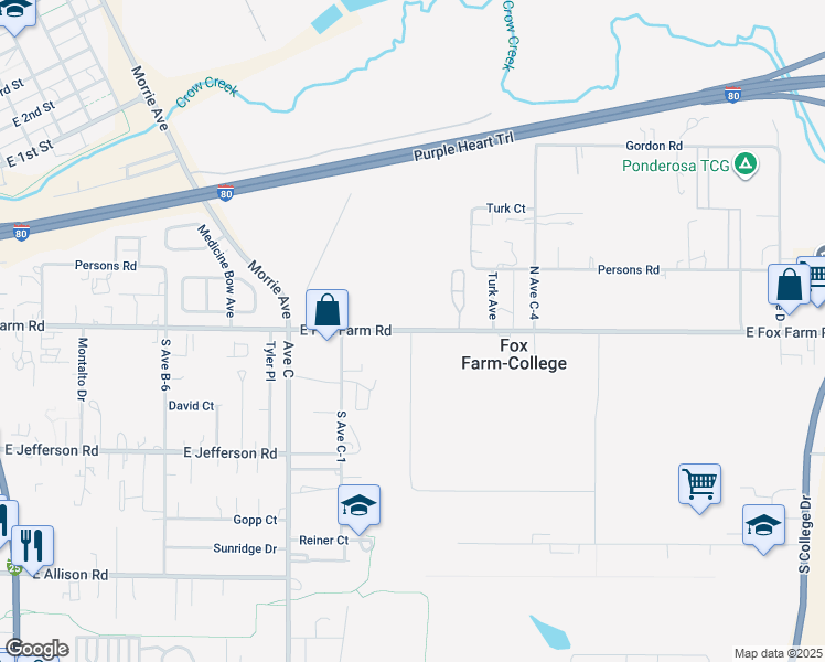 map of restaurants, bars, coffee shops, grocery stores, and more near 101 Avenue C-2 in Cheyenne