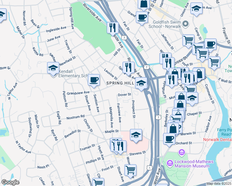 map of restaurants, bars, coffee shops, grocery stores, and more near 18 Dover Street in Norwalk