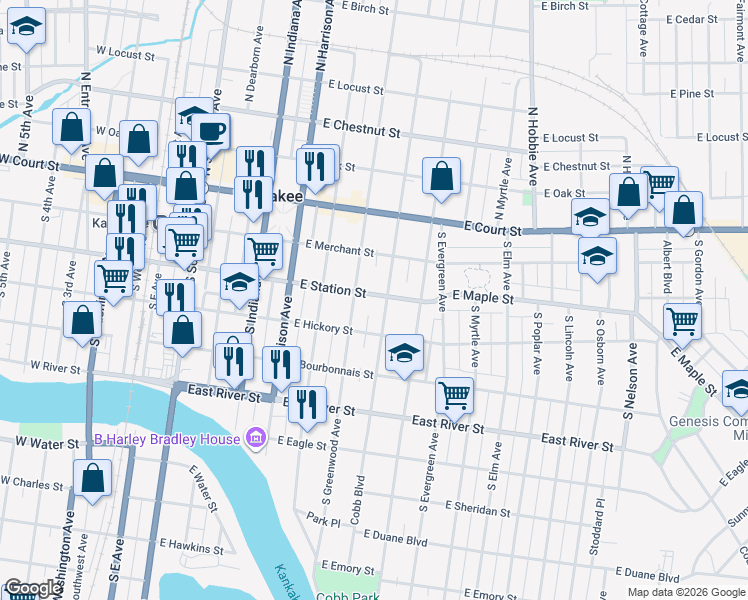map of restaurants, bars, coffee shops, grocery stores, and more near 331 South Rosewood Avenue in Kankakee