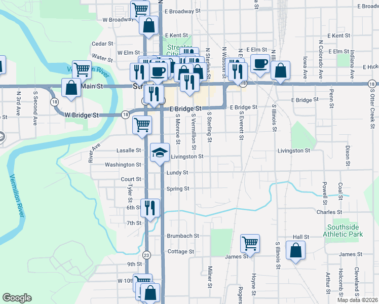 map of restaurants, bars, coffee shops, grocery stores, and more near 318 South Vermillion Street in Streator