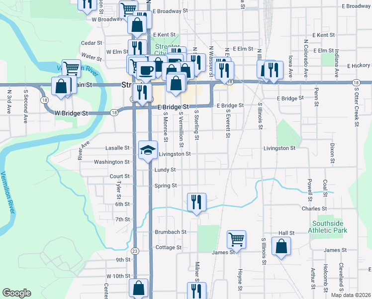 map of restaurants, bars, coffee shops, grocery stores, and more near 318 South Vermillion Street in Streator