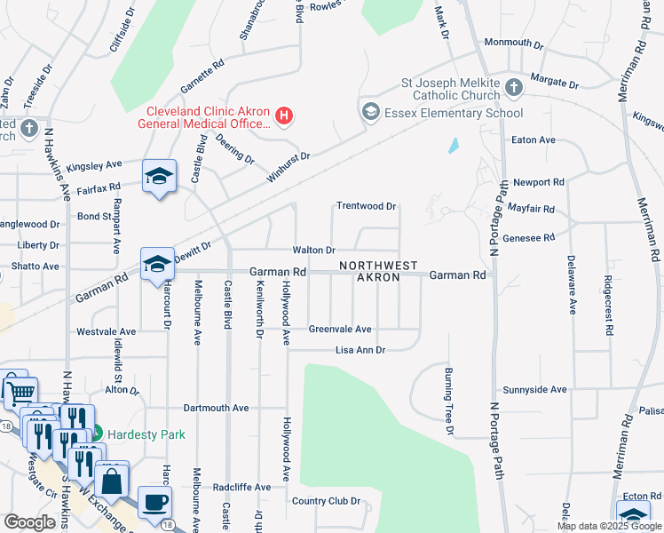 map of restaurants, bars, coffee shops, grocery stores, and more near 1183 Garman Road in Akron