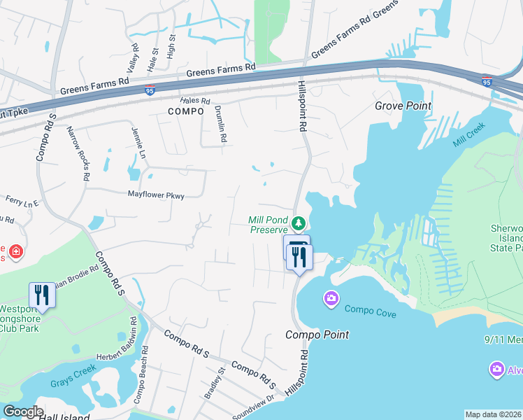 map of restaurants, bars, coffee shops, grocery stores, and more near 11 Pond Edge Road in Westport
