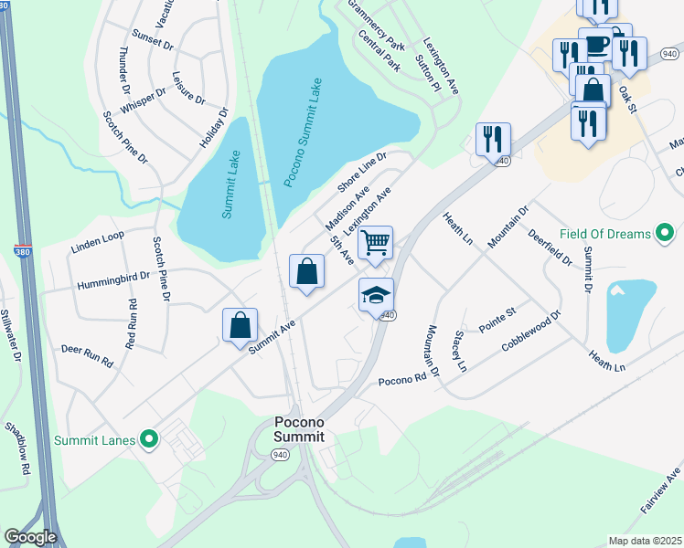 map of restaurants, bars, coffee shops, grocery stores, and more near 148 Summit Avenue in Pocono Summit
