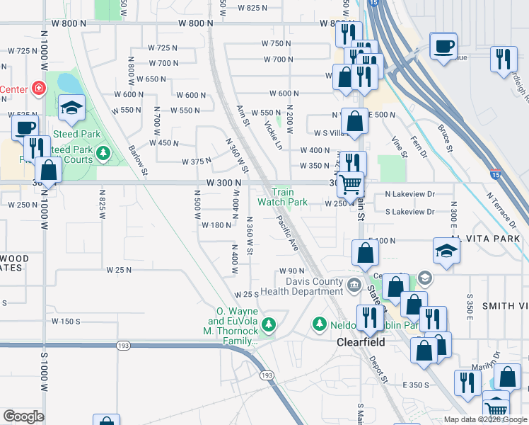 map of restaurants, bars, coffee shops, grocery stores, and more near 327 200 North in Clearfield