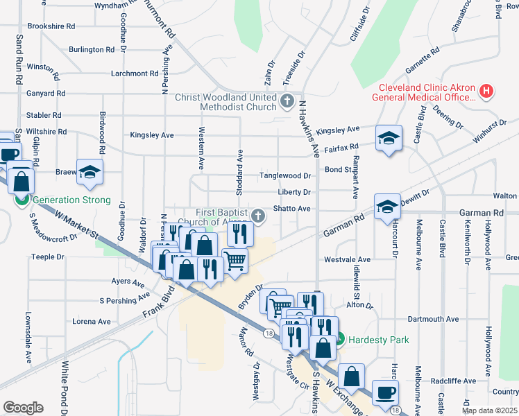map of restaurants, bars, coffee shops, grocery stores, and more near 1667 Shatto Avenue in Akron