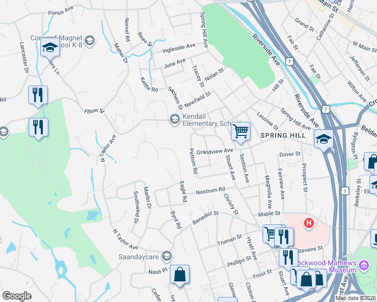map of restaurants, bars, coffee shops, grocery stores, and more near 36 Eagle Road in Norwalk