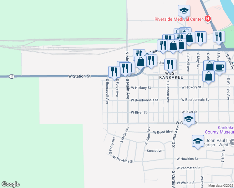 map of restaurants, bars, coffee shops, grocery stores, and more near 467 South Foley Avenue in Kankakee