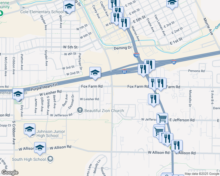 map of restaurants, bars, coffee shops, grocery stores, and more near 101 Columbus Drive in Cheyenne