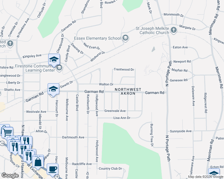 map of restaurants, bars, coffee shops, grocery stores, and more near 1183 Garman Road in Akron