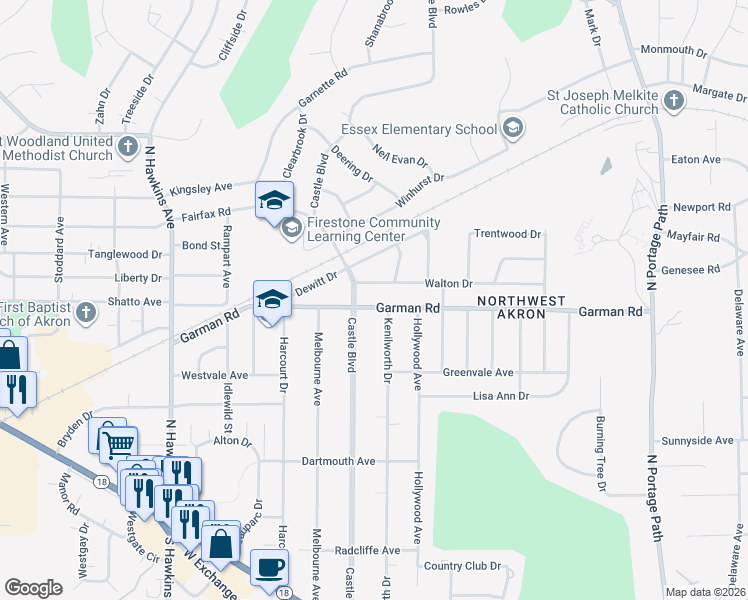 map of restaurants, bars, coffee shops, grocery stores, and more near 1295 Garman Road in Akron