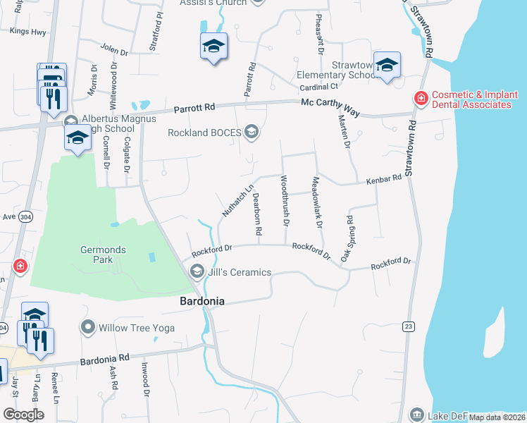map of restaurants, bars, coffee shops, grocery stores, and more near 8 Dearborn Road in West Nyack