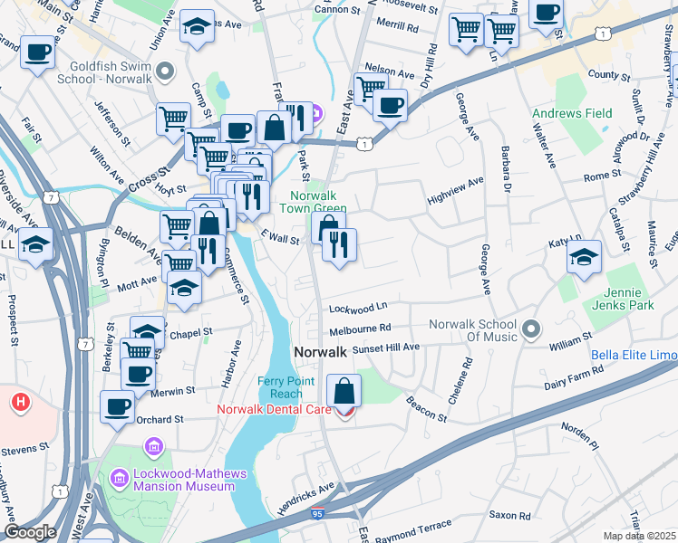 map of restaurants, bars, coffee shops, grocery stores, and more near 99 East Avenue in Norwalk