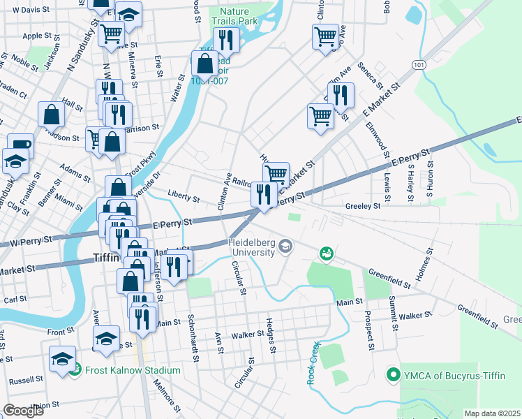 map of restaurants, bars, coffee shops, grocery stores, and more near 310 East Market Street in Tiffin
