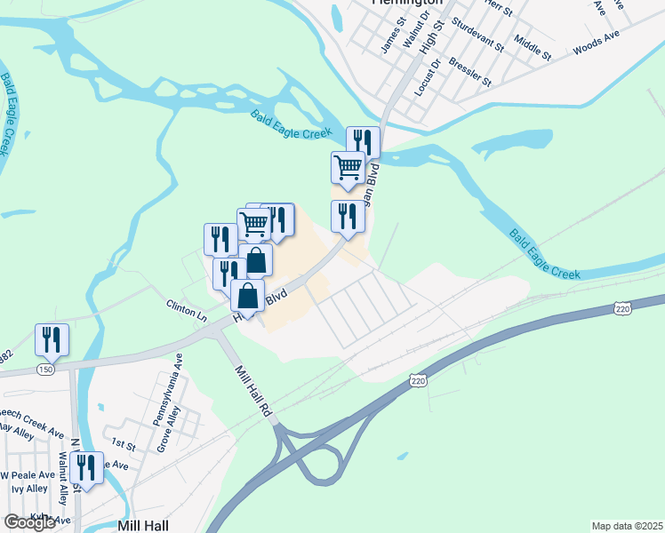 map of restaurants, bars, coffee shops, grocery stores, and more near 212 Hogan Boulevard in Mill Hall