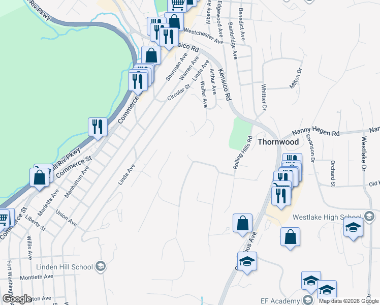 map of restaurants, bars, coffee shops, grocery stores, and more near 76 Rolling Hills Road in Thornwood