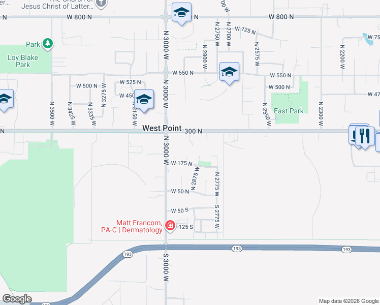 map of restaurants, bars, coffee shops, grocery stores, and more near 202 North 2925 West in West Point