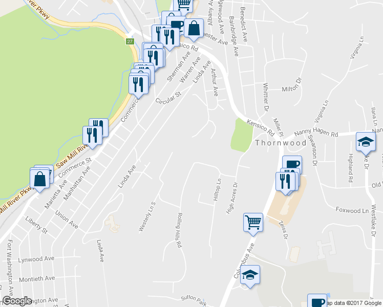 map of restaurants, bars, coffee shops, grocery stores, and more near 76 Rolling Hills Road in Thornwood