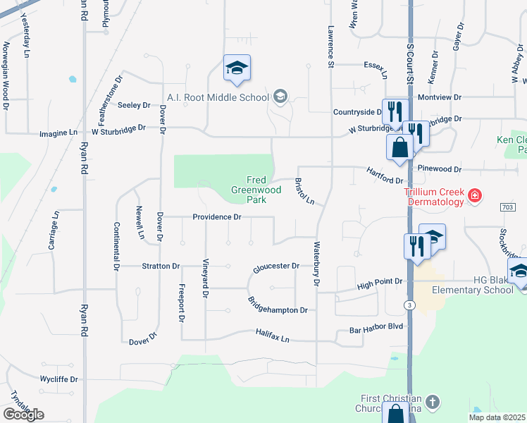 map of restaurants, bars, coffee shops, grocery stores, and more near 247 Providence Drive in Medina