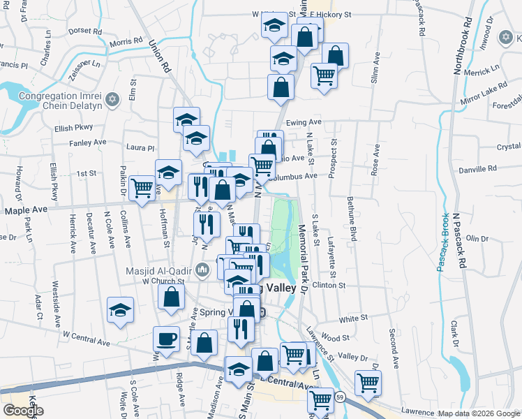 map of restaurants, bars, coffee shops, grocery stores, and more near 129 North Main Street in Spring Valley