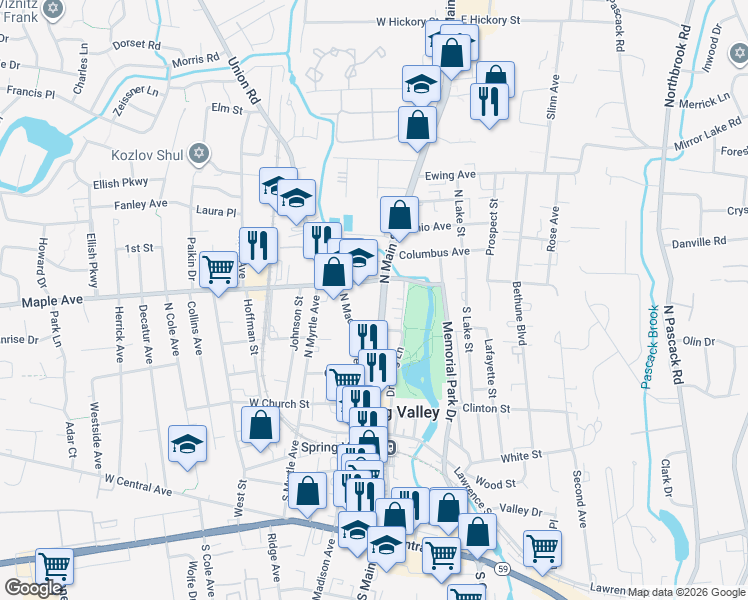 map of restaurants, bars, coffee shops, grocery stores, and more near 129 North Main Street in Spring Valley