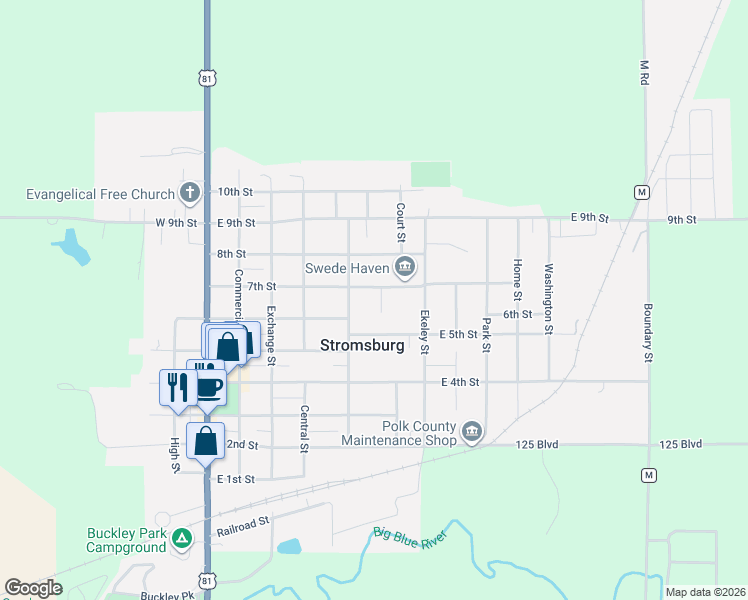 map of restaurants, bars, coffee shops, grocery stores, and more near 605 Wall Street in Stromsburg