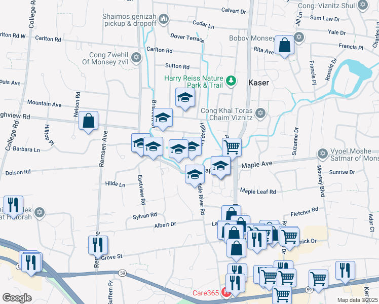 map of restaurants, bars, coffee shops, grocery stores, and more near 22 Hilltop Lane in Monsey