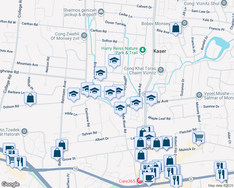 map of restaurants, bars, coffee shops, grocery stores, and more near 22 Hilltop Lane in Monsey