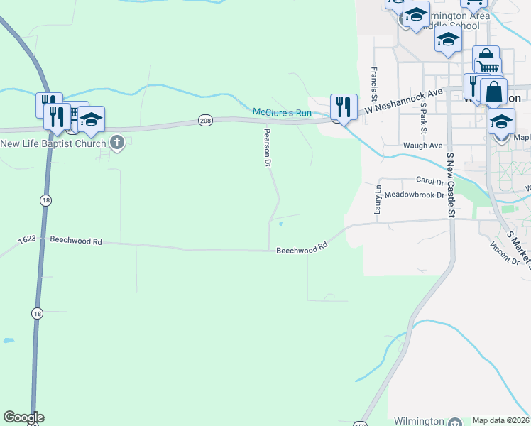 map of restaurants, bars, coffee shops, grocery stores, and more near 263 Pearson Drive in New Wilmington
