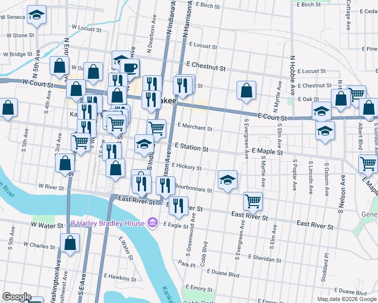 map of restaurants, bars, coffee shops, grocery stores, and more near 312 South Chicago Avenue in Kankakee