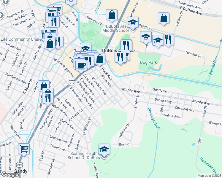 map of restaurants, bars, coffee shops, grocery stores, and more near Seyler Alley in DuBois