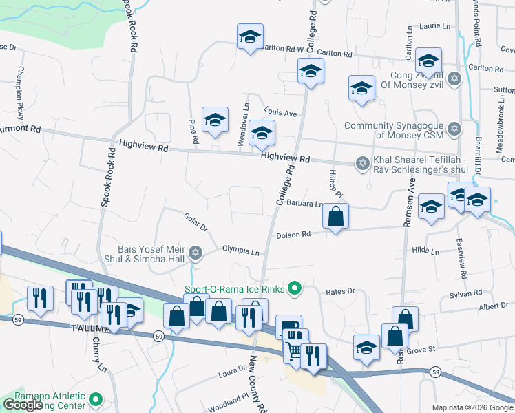 map of restaurants, bars, coffee shops, grocery stores, and more near 40 Wallenberg Circle in Monsey