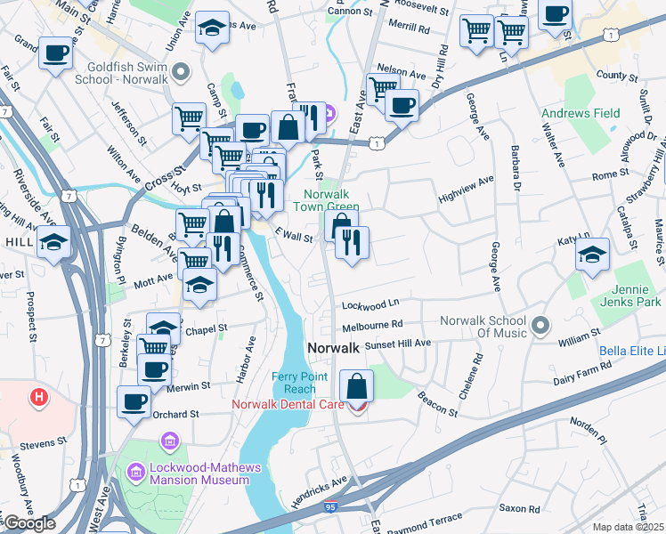 map of restaurants, bars, coffee shops, grocery stores, and more near 99 East Avenue in Norwalk